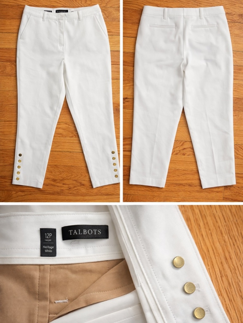 Talbots White Cropped Ankle Pants with Gold Button Accents